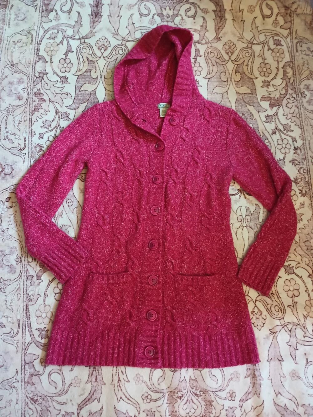 LL Bean Womens Cable Knit Hooded Duster Cardigan L Pink Wool Blend Cozy Cabin